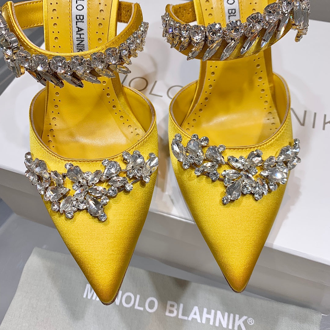 Manolo Mules Crystal Yellow Silk Satin 219384