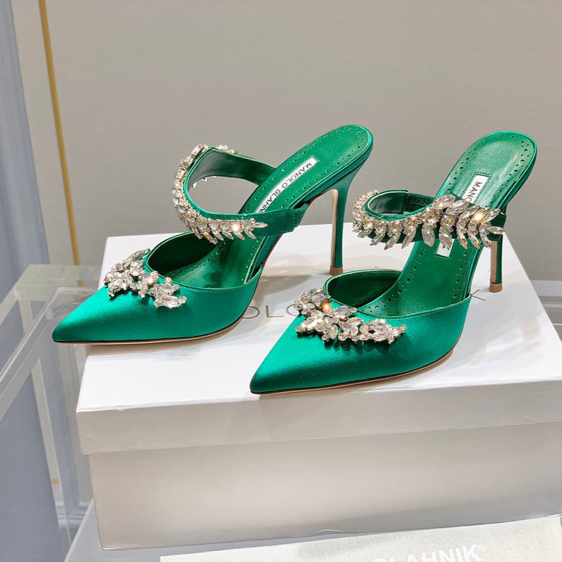 Manolo Mules Crystal Green Silk Satin 219387