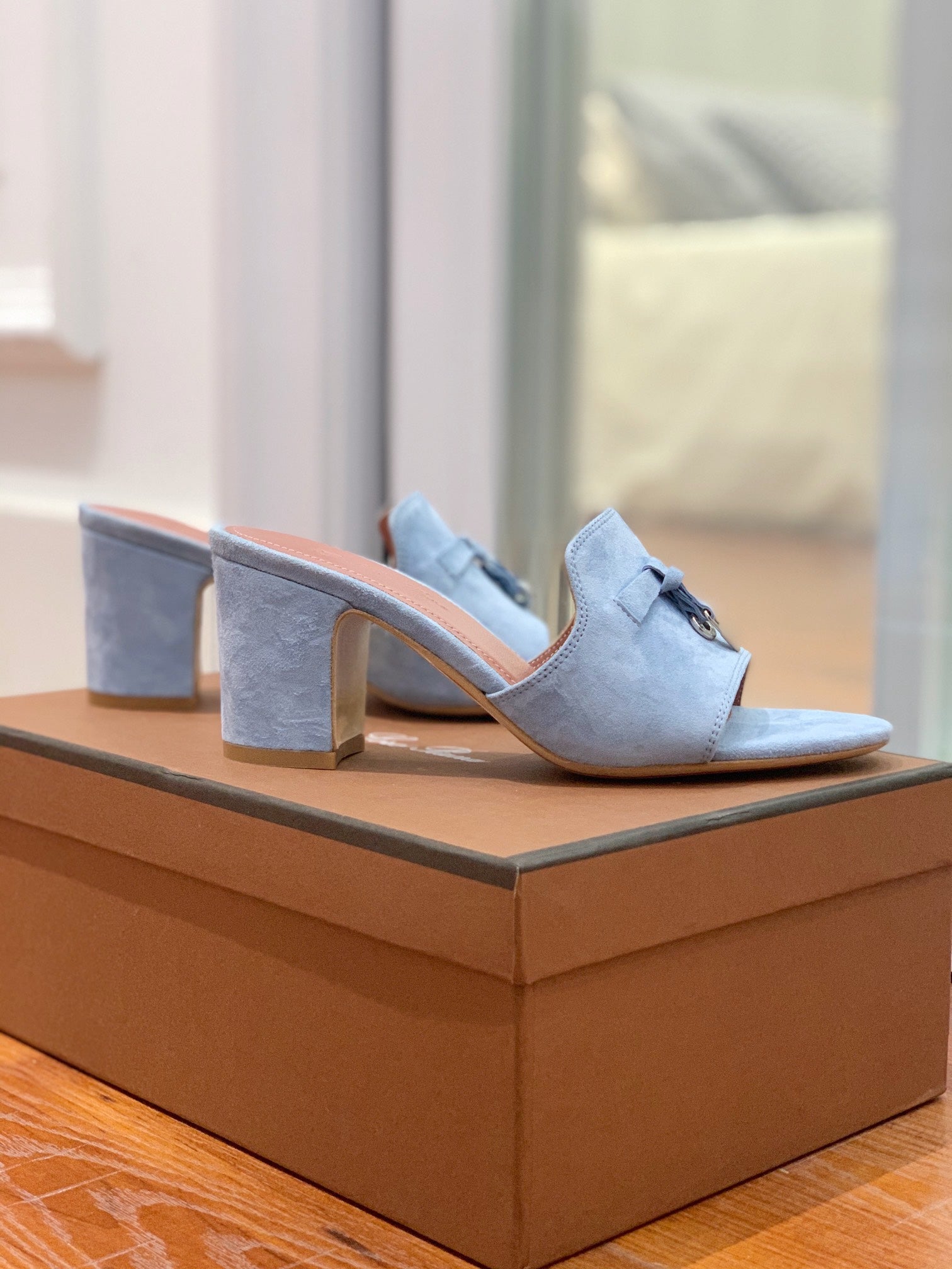 Summer Charms Mules 55mm Sky Blue Suede Pink Lambskin