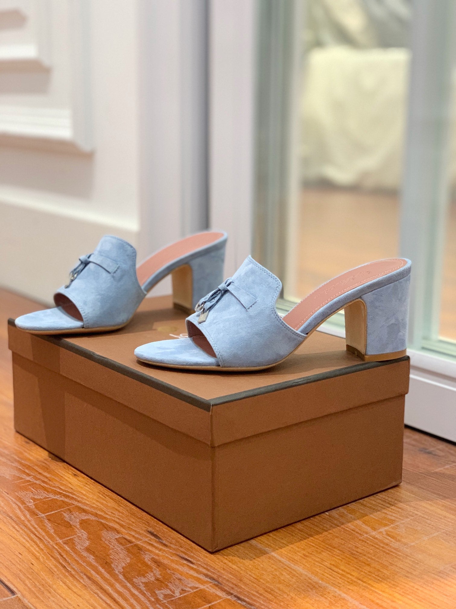 Summer Charms Mules 55mm Sky Blue Suede Pink Lambskin