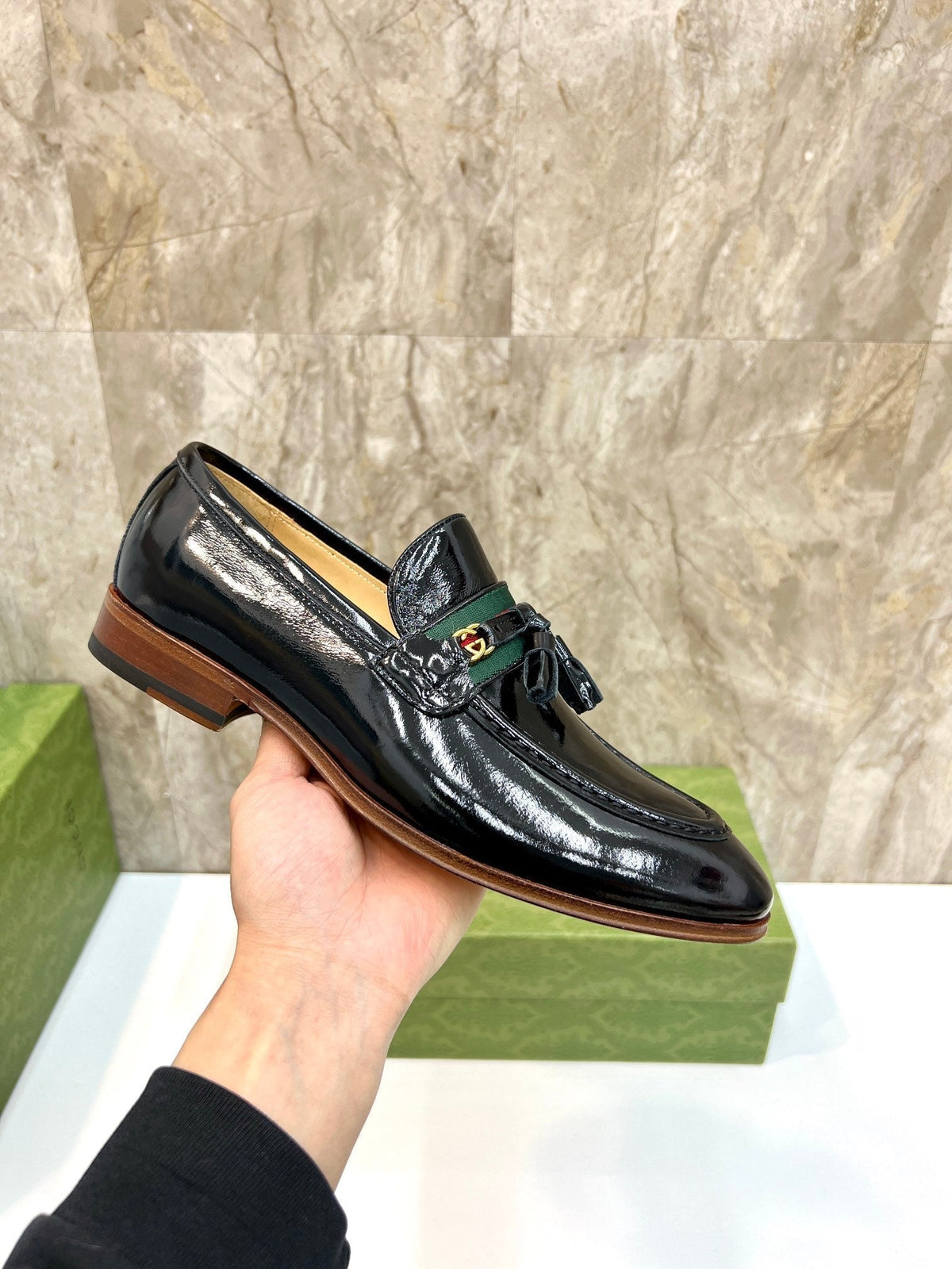 GG Men's Tassel Loafer Black Patent Leather 548745