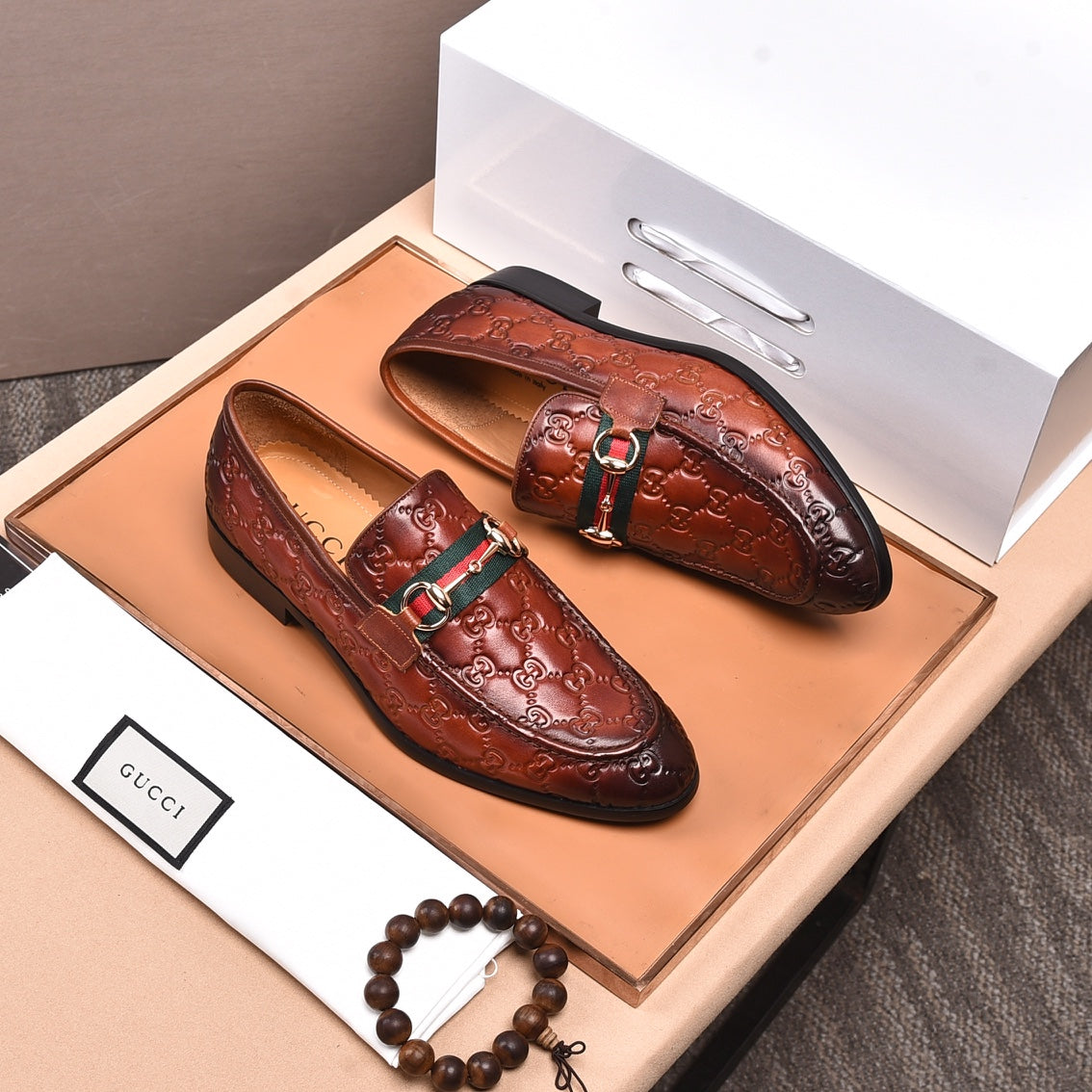 GG Men's Loafer Brown Embossed Cowhide 538714