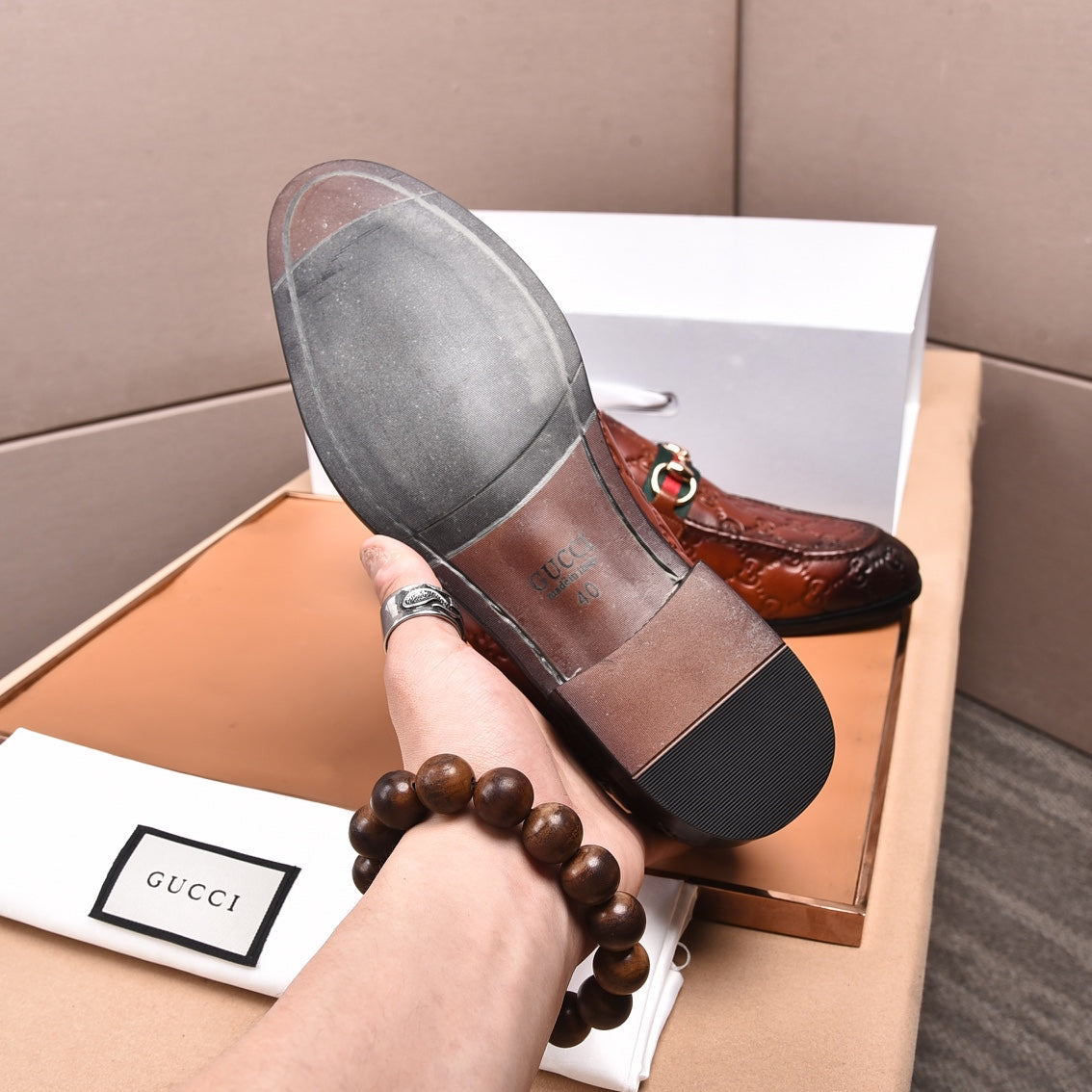 GG Men's Loafer Brown Embossed Cowhide 538714