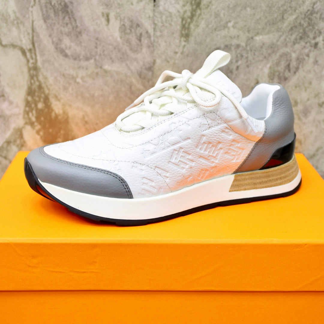 HM EMBOSSED ICON SNEAKER WHITE AND GRAY CALFSKIN