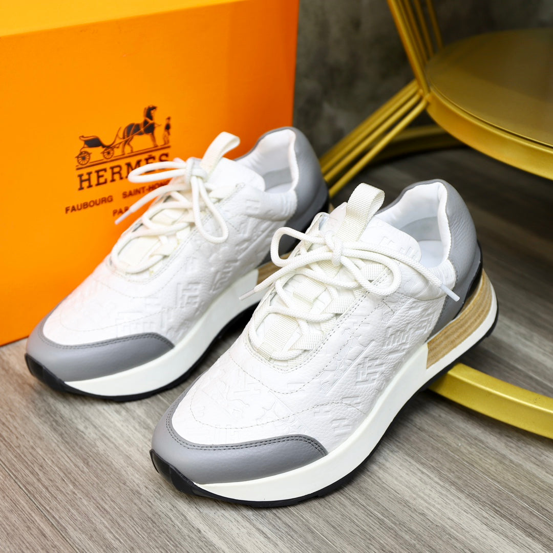 HM EMBOSSED ICON SNEAKER WHITE AND GRAY CALFSKIN