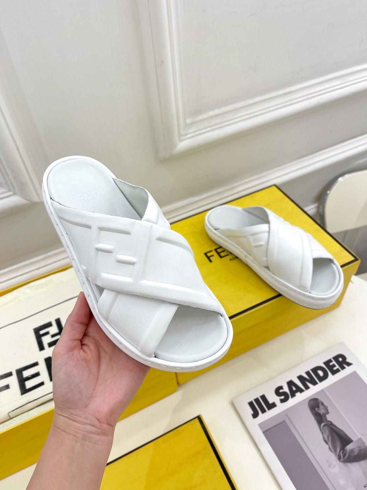FENDI CROSSOVER SLIPPER IN WHITE CALFSKIN