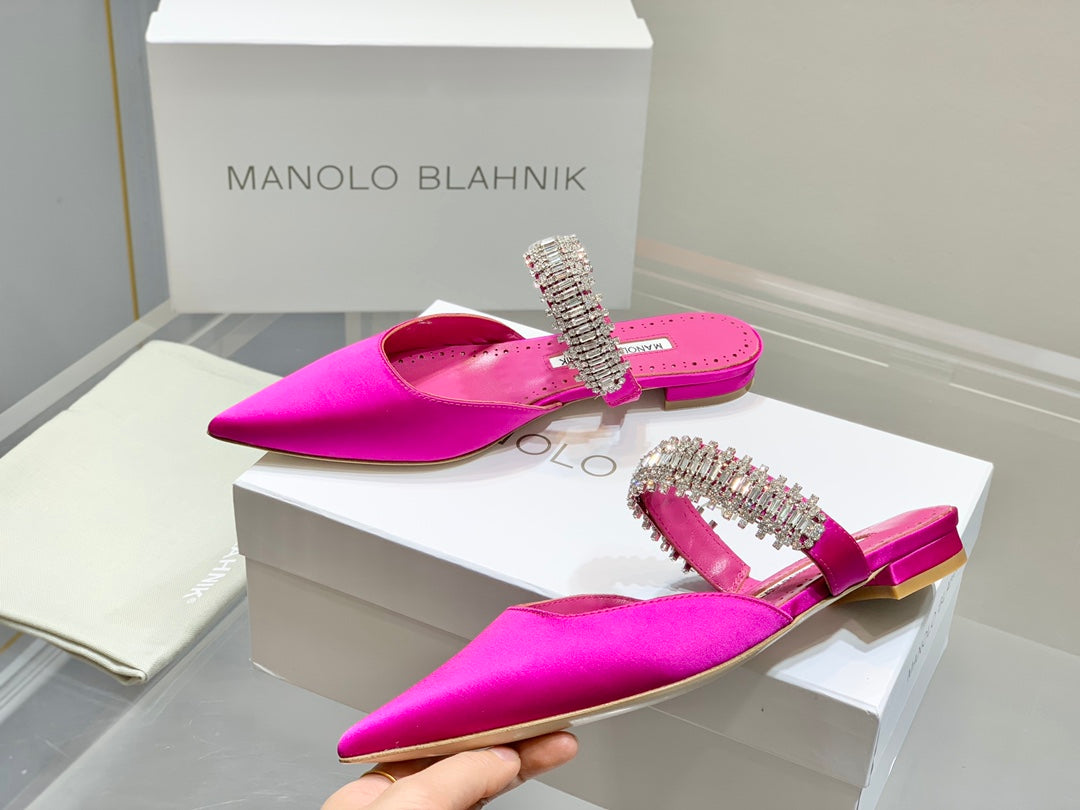 Manolo Flats Mules Diamond Buckle Dark Pink Silk Satin 327481