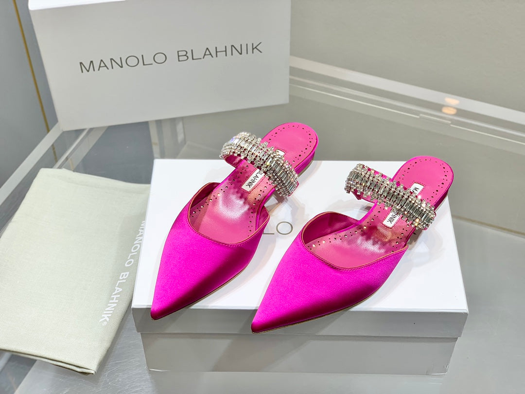 Manolo Flats Mules Diamond Buckle Dark Pink Silk Satin 327481