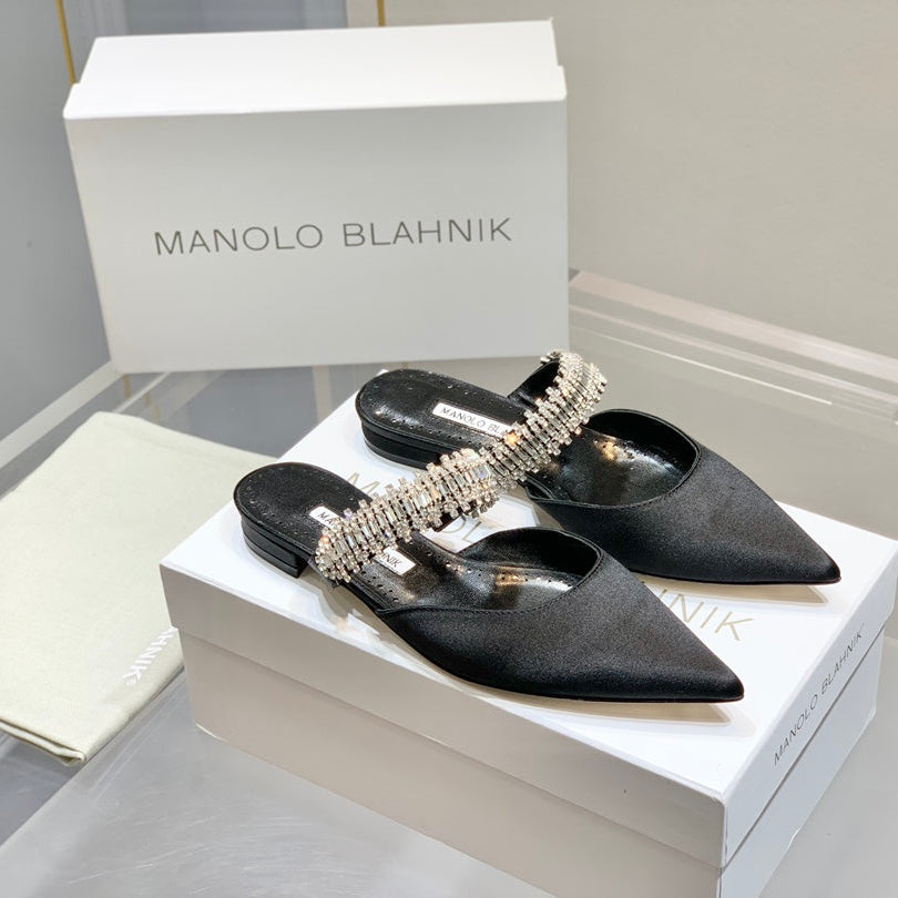 Manolo Flats Mules Diamond Buckle Black Silk Satin 327485