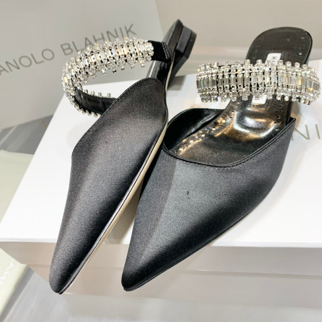 Manolo Flats Mules Diamond Buckle Black Silk Satin 327485