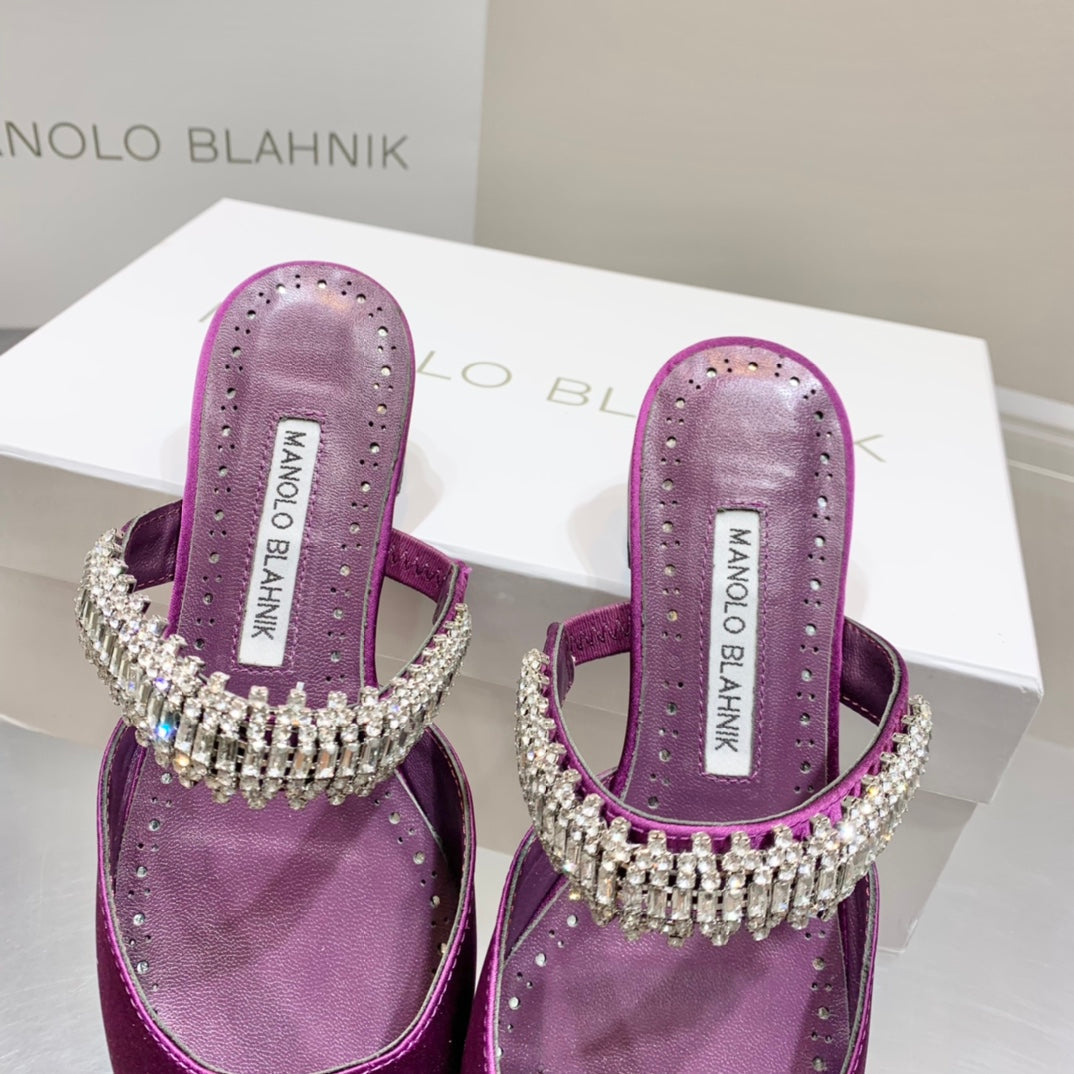Manolo Flats Mules Diamond Buckle Purple Silk Satin 327487