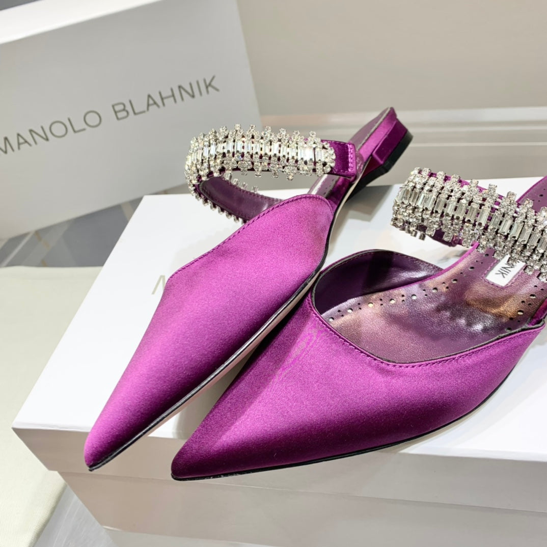Manolo Flats Mules Diamond Buckle Purple Silk Satin 327487