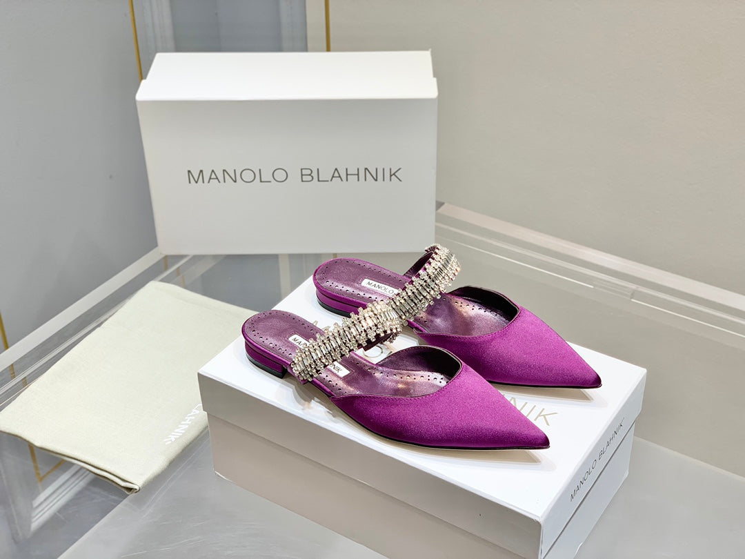 Manolo Flats Mules Diamond Buckle Purple Silk Satin 327487