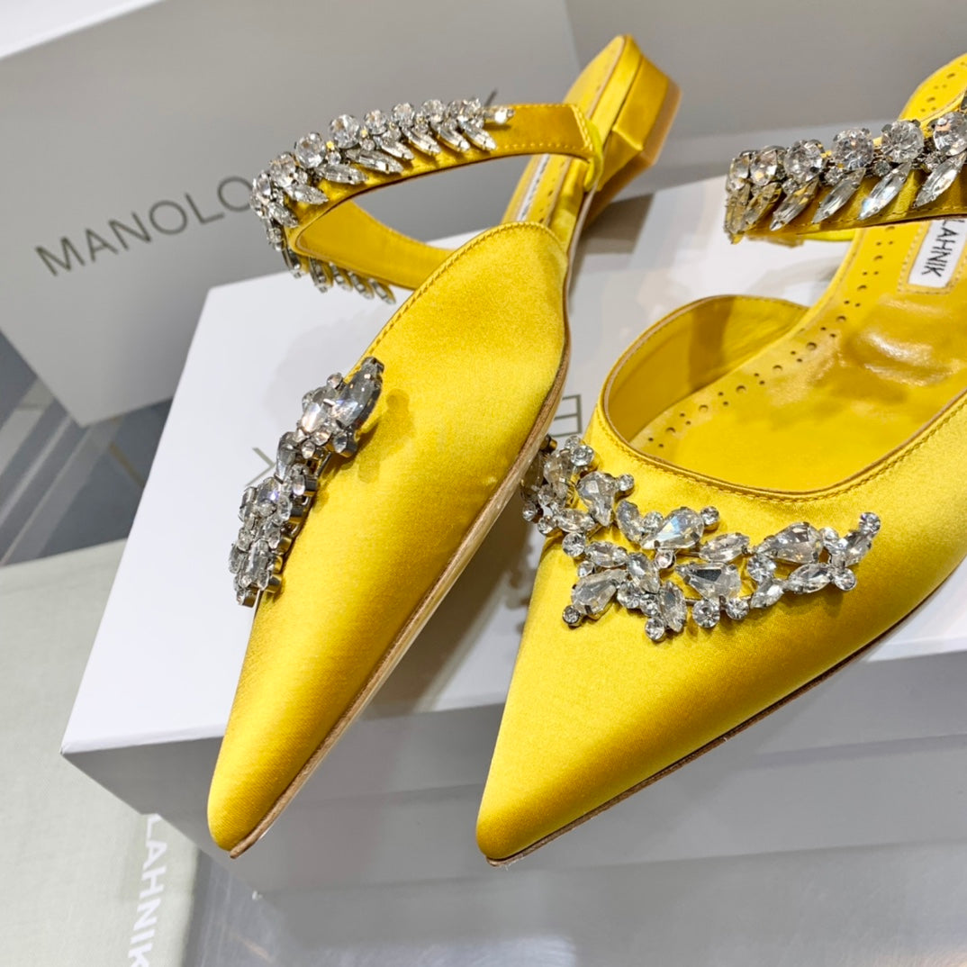 Manolo Flats Mules Crystal Yellow Silk Satin 327472