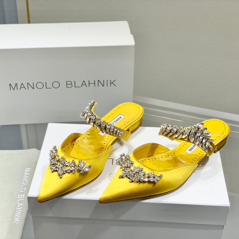Manolo Flats Mules Crystal Yellow Silk Satin 327472