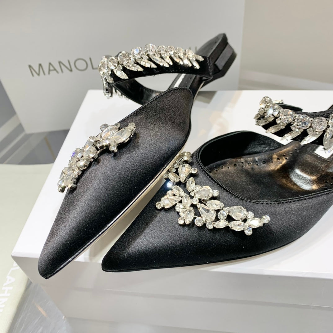 Manolo Flats Mules Crystal Black Silk Satin 327467