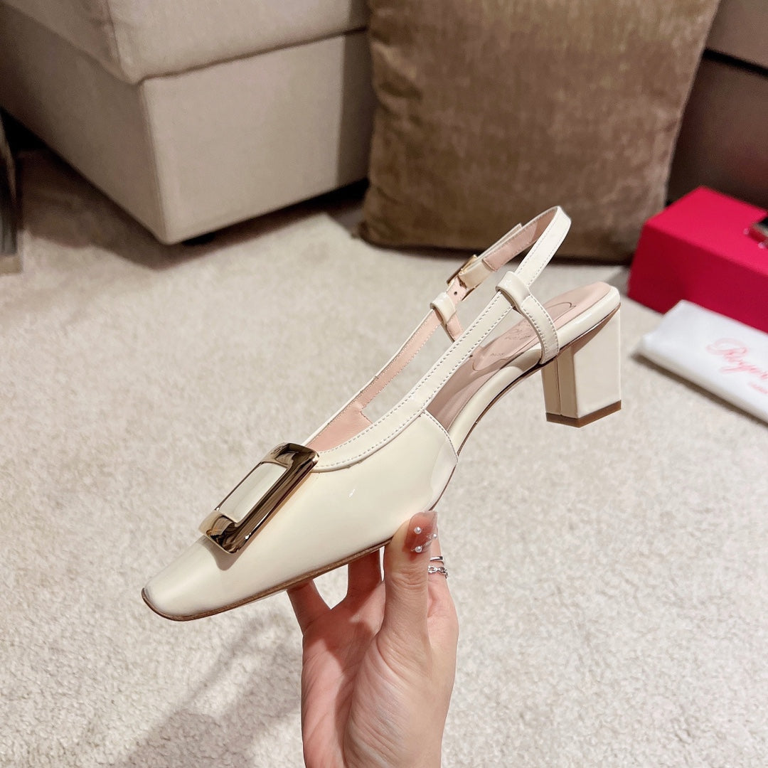 Roger Vivier 45mm Metal Square Buckle Chunky Heel Sandal 382934
