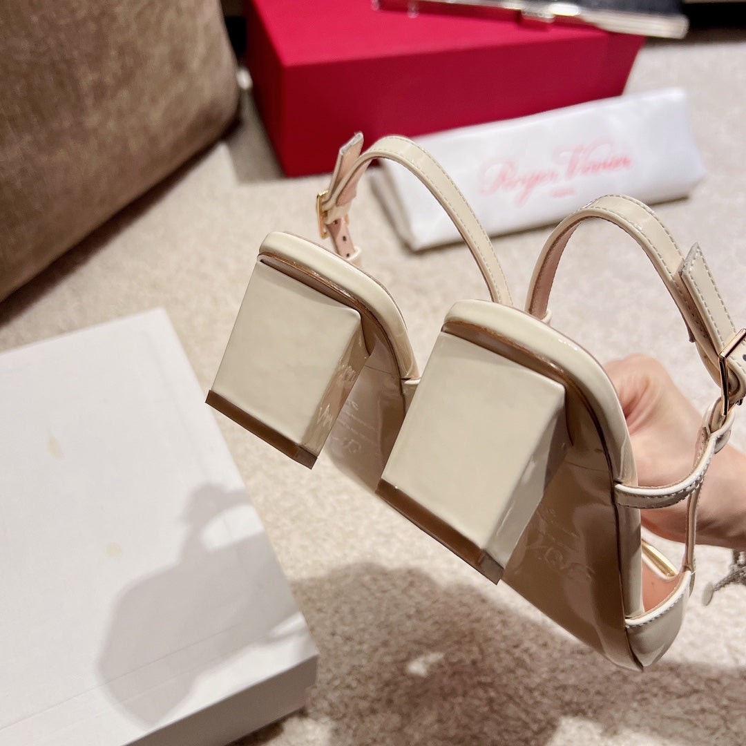 Roger Vivier 45mm Metal Square Buckle Chunky Heel Sandal 382934