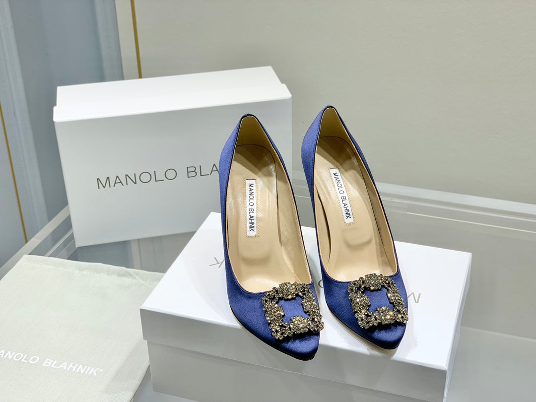 Manolo Diamond Buckle Pumps 10cm Navy Blue Silk 327497