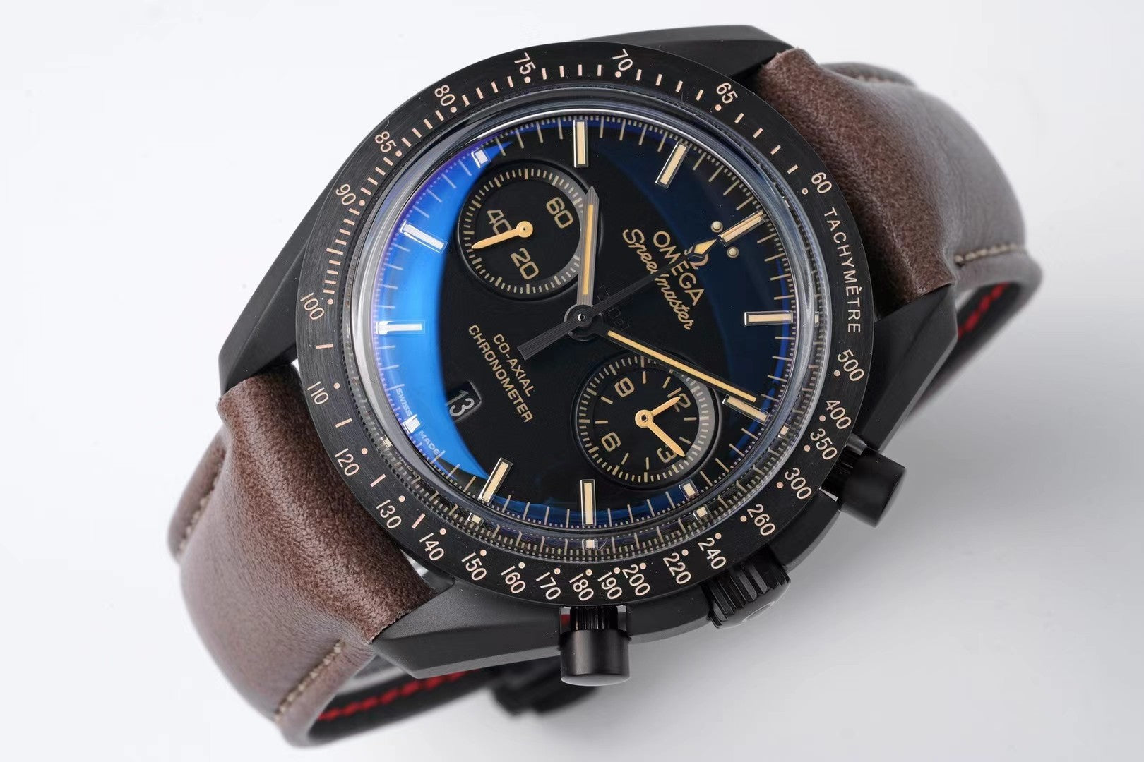 Omega Speedmaster Dark Side Black Dial Brown Leather Strap 44mm Watch