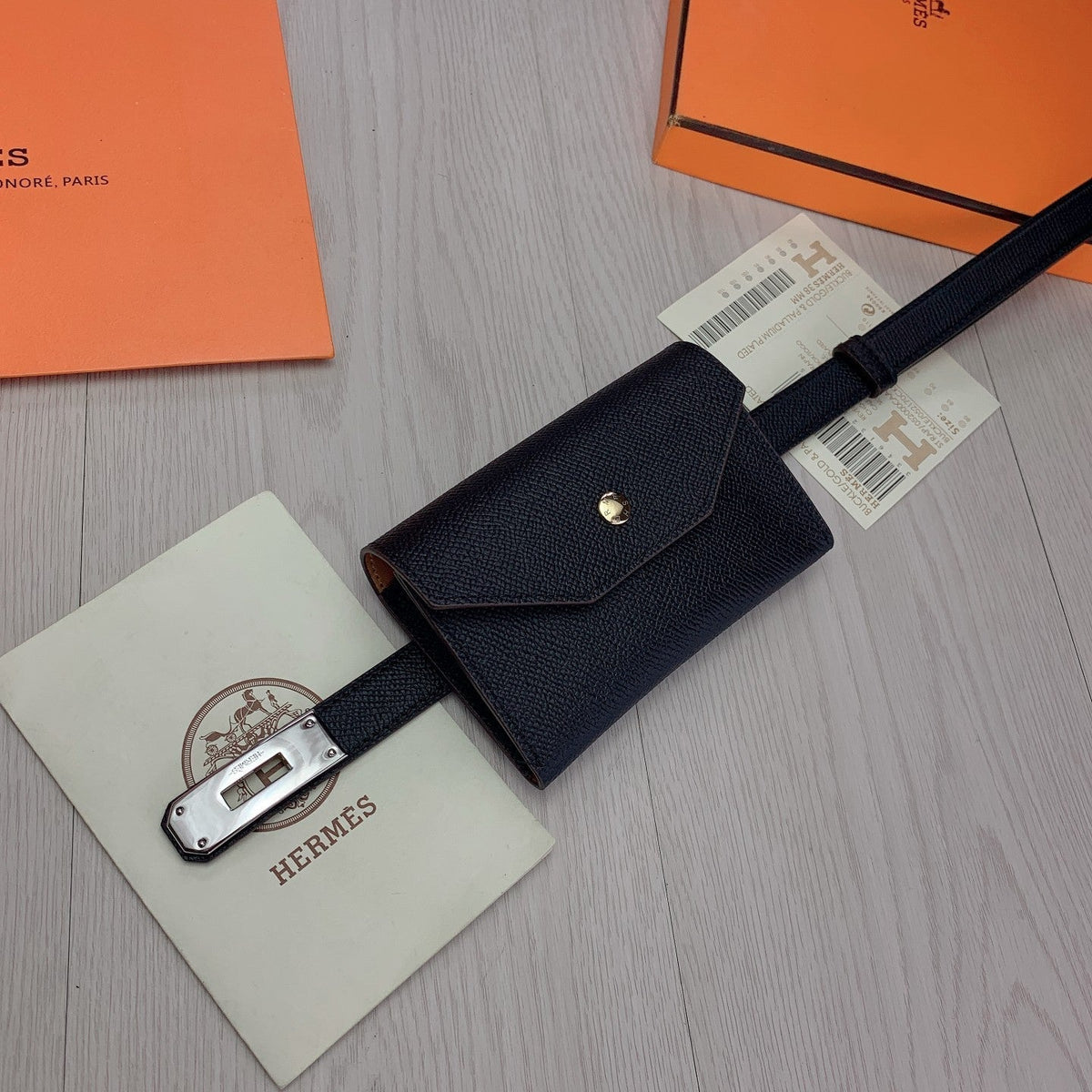 hm kelly belt 18mm with pocket black calfskin silver buckle