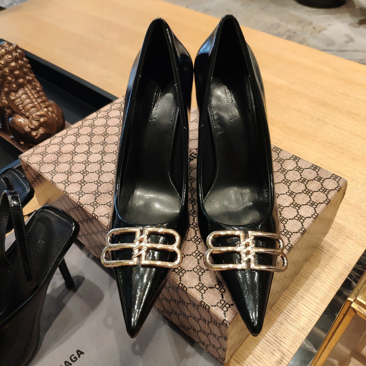 Balenciaga 26s High Heel 100 Black Patent Leather Gold Logo 681183