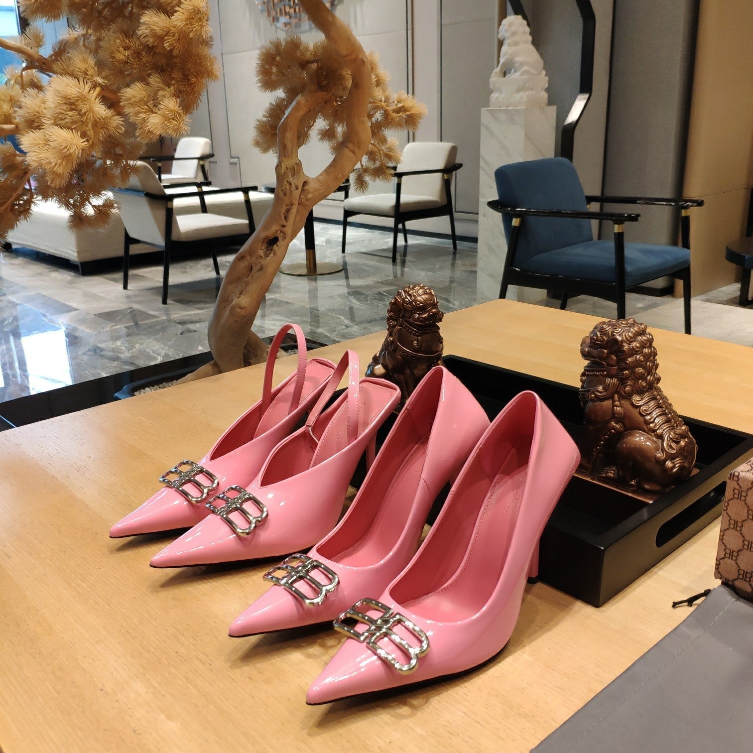 Balenciaga 26s High Heel 100 Pink Patent Leather Sliver Logo 681185