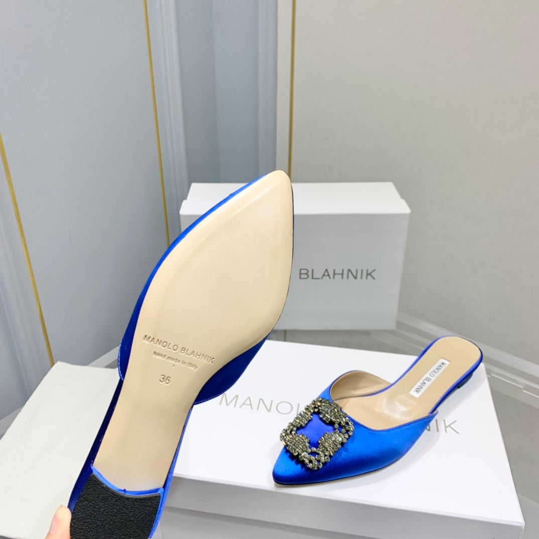 Manolo Buckle Flast Mules Navy Blue Silk 327512