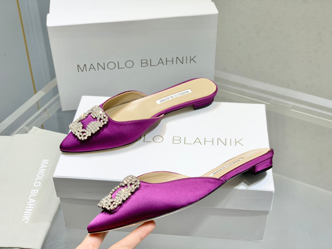 Manolo Buckle Flast Mules Purple Silk 327513