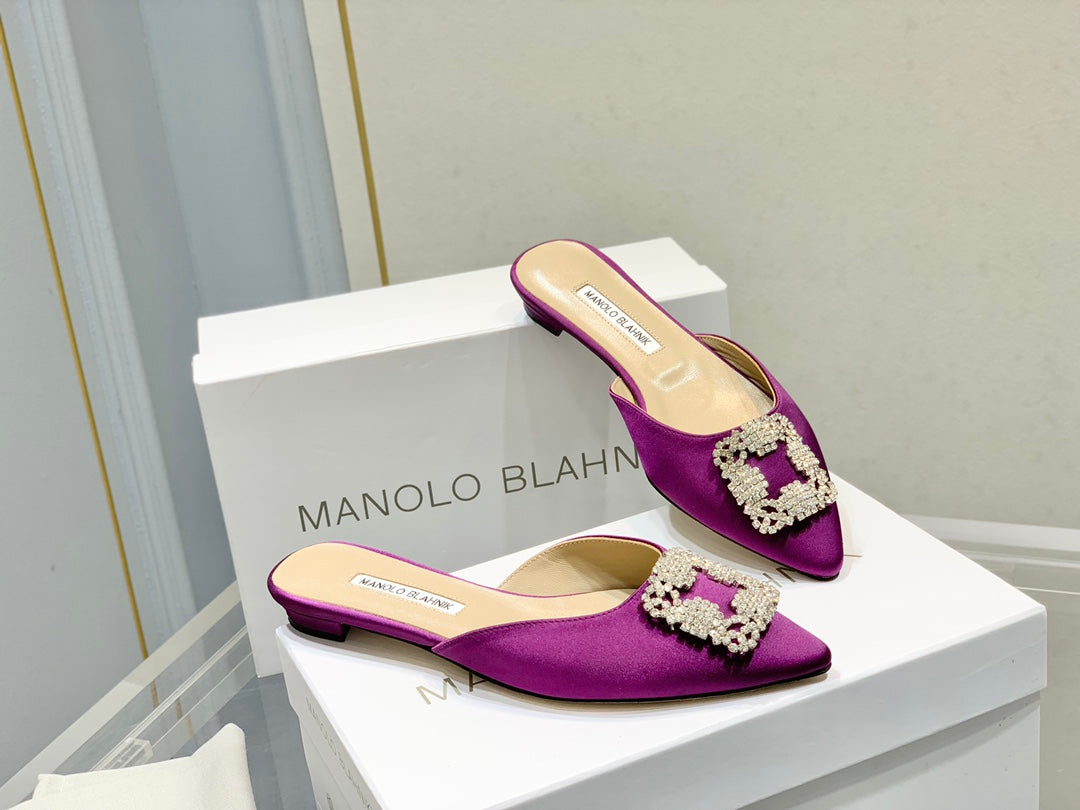 Manolo Buckle Flast Mules Purple Silk 327513