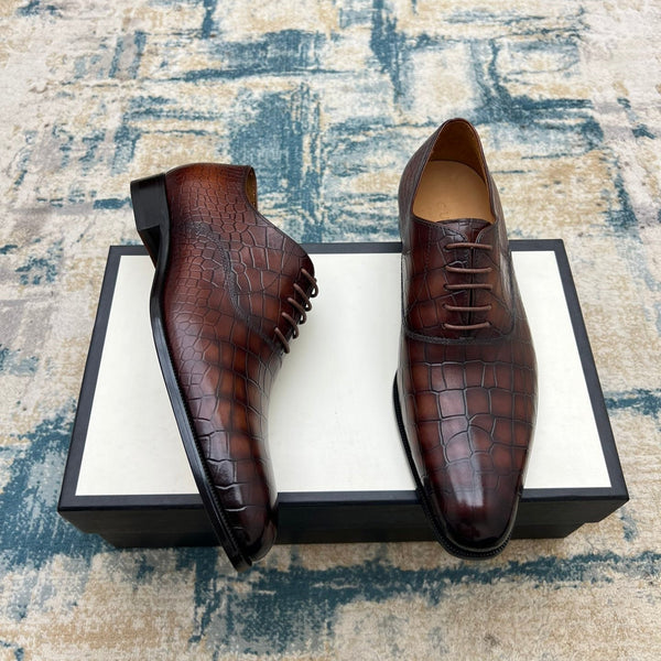 GG Men's Dress Shoe Brown Crocodile Embossed Calfskin 533108