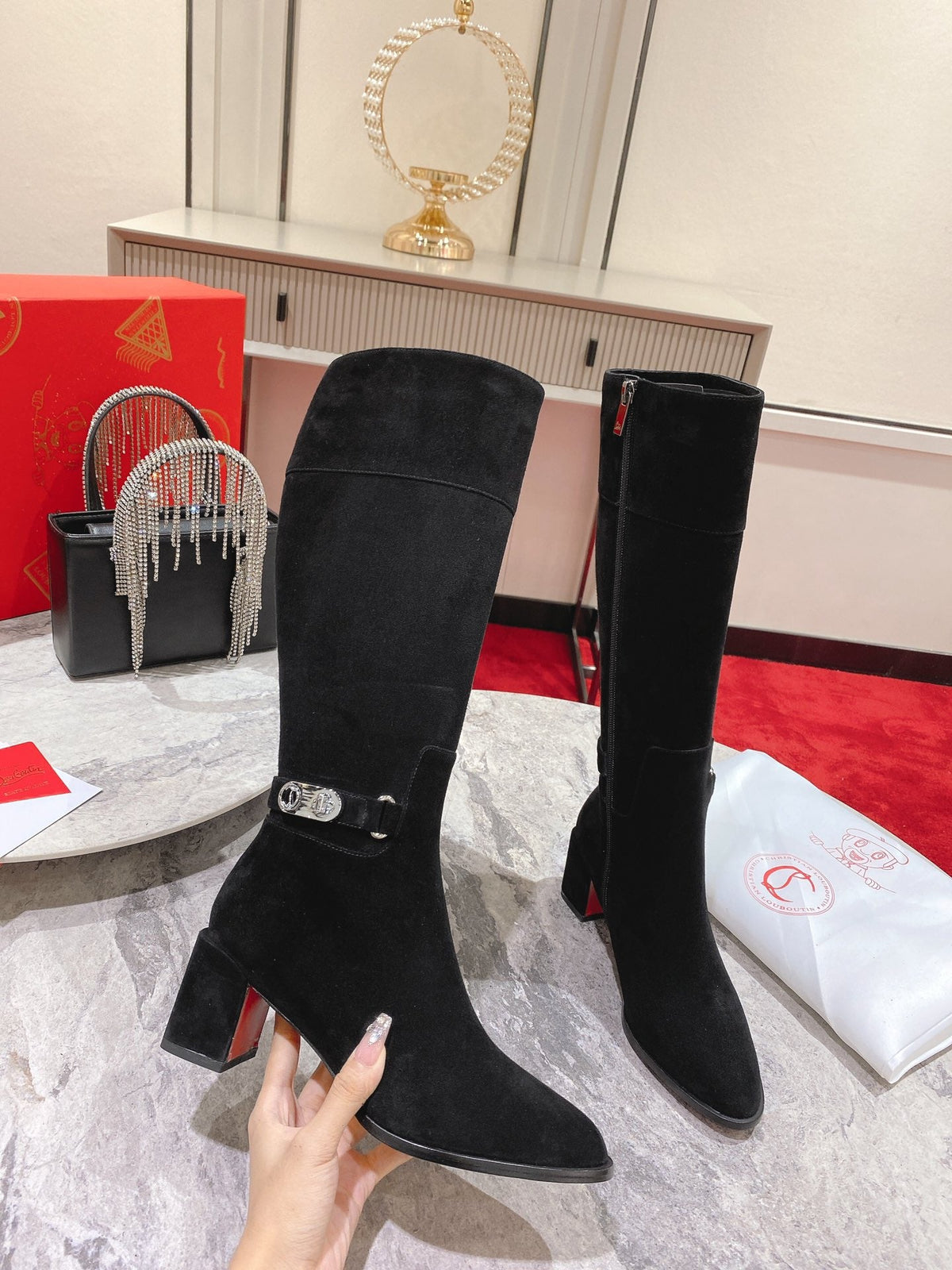 CL Lock Botta 70 mm Knee-High Boots Suede Black