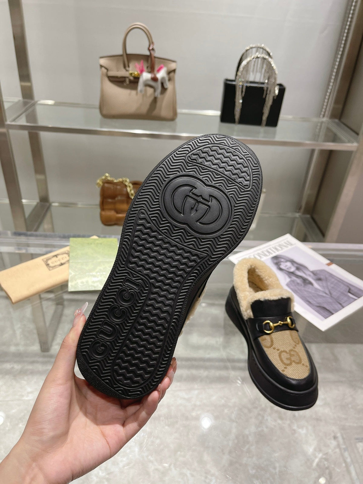 GG Snow Boots Black Calfskin Denim Wool 576248