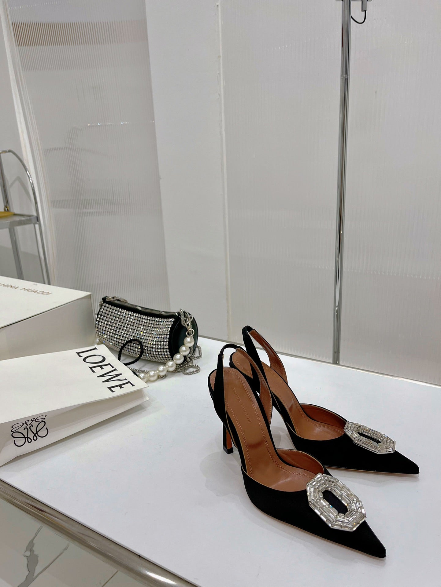 Amina Muaddi Camelia Slingback 95mm Black Satin Sheepskin