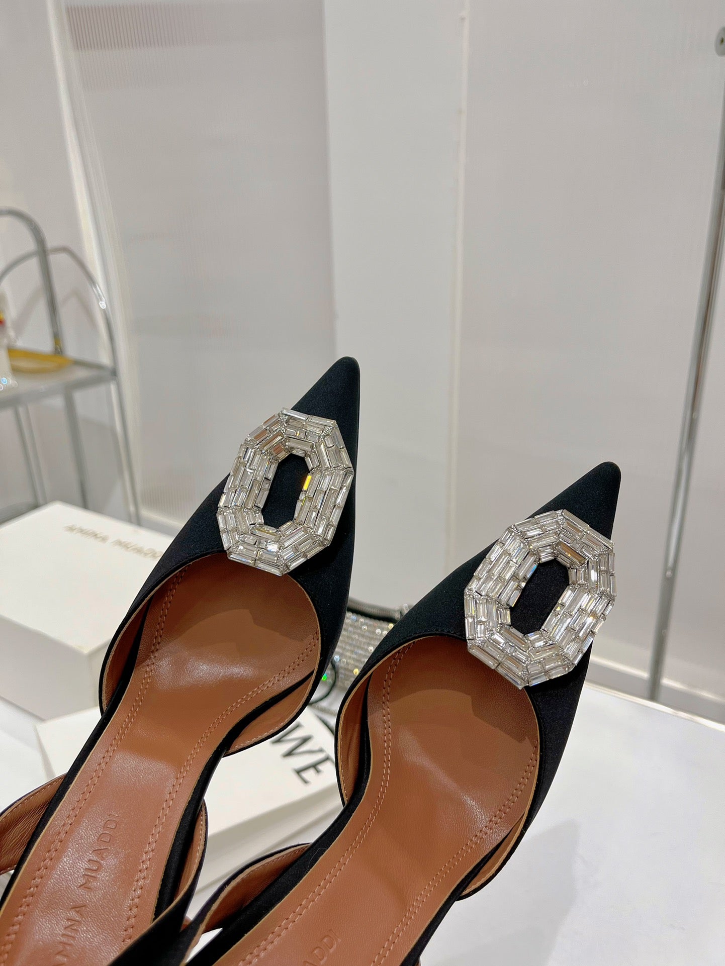 Amina Muaddi Camelia Slingback 95mm Black Satin Sheepskin
