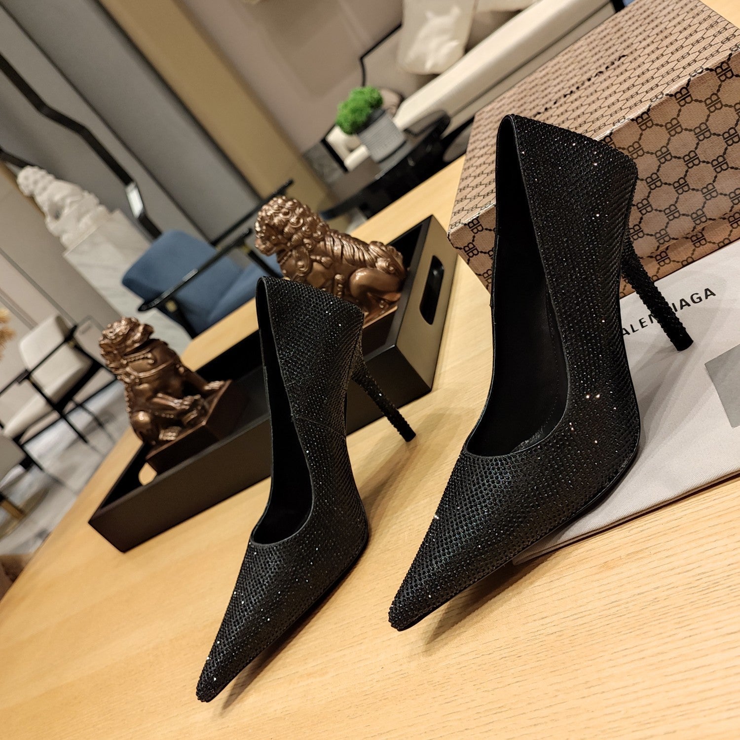 Balenciaga 26s High Heel Pump 100 Black Rhinestone Cowhide 681189