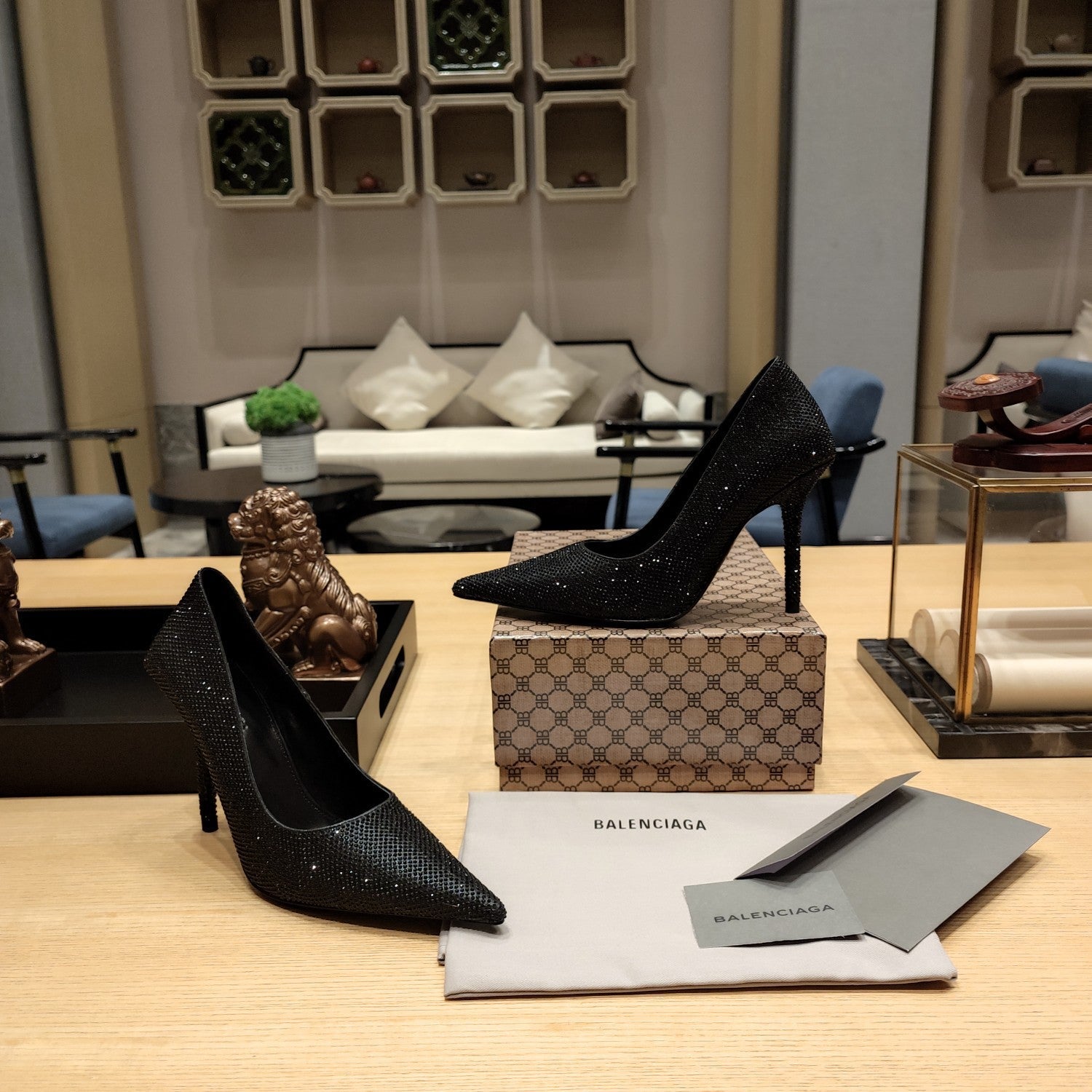 Balenciaga 26s High Heel Pump 100 Black Rhinestone Cowhide 681189