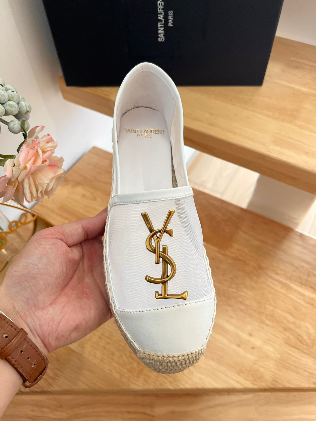 SL YVES LOGO SLIP ON WHITE CALFSKIN AND MESH