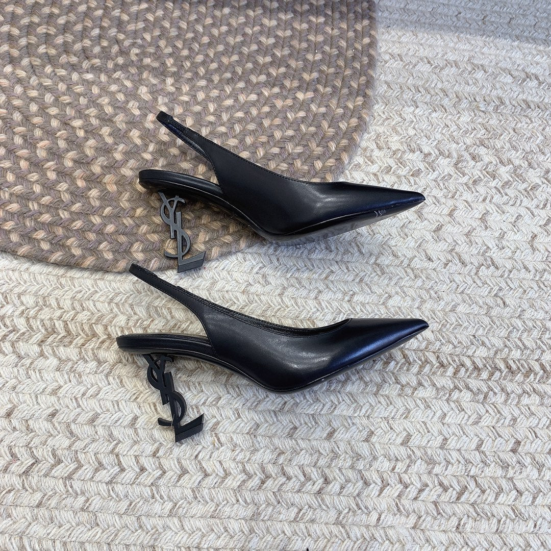 OPYUM BLACK HEEL SLINGBACK PUMPS IN BLACK SMOOTH LAMBSKIN