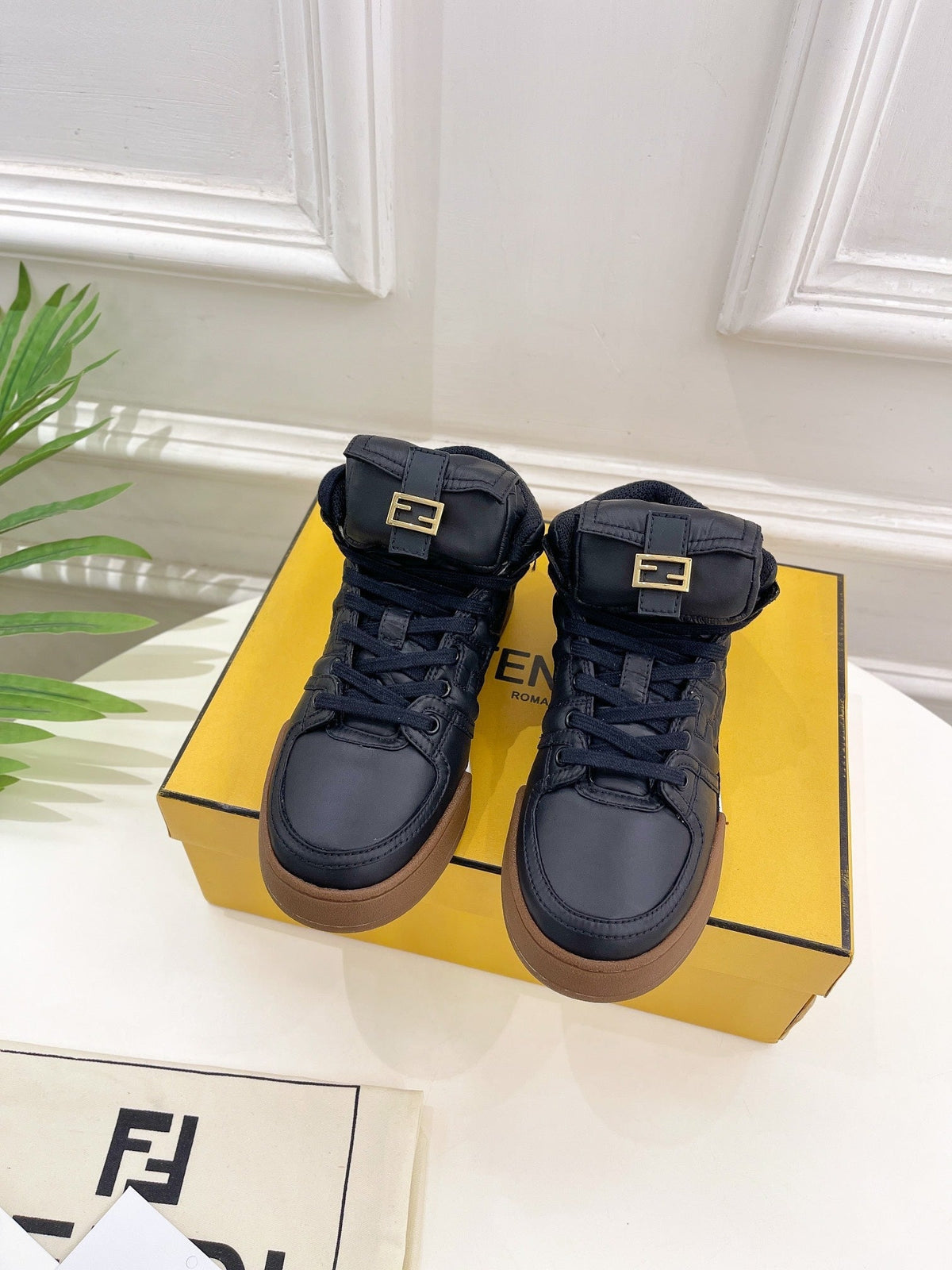 FENDI LOGO SOCK SNEAKER BOOTS IN BLACK LAMBSKIN