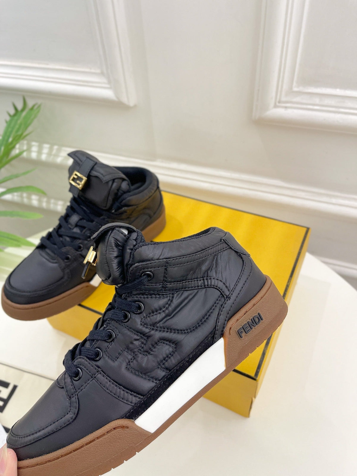 FENDI LOGO SOCK SNEAKER BOOTS IN BLACK LAMBSKIN