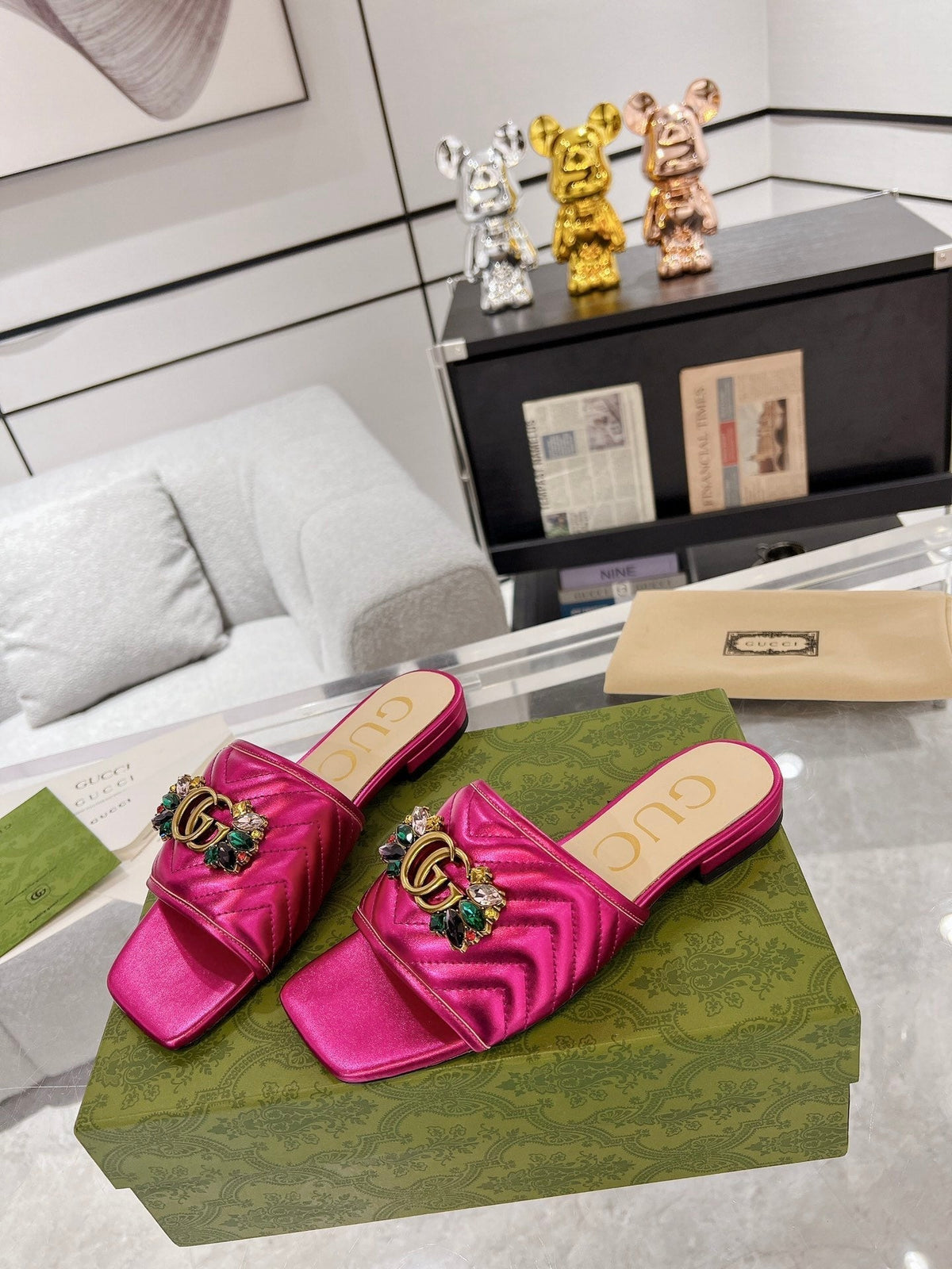 GG SPARKLE CRYSTAL SLIDE SANDAL METALLIC PINK CALFSKIN