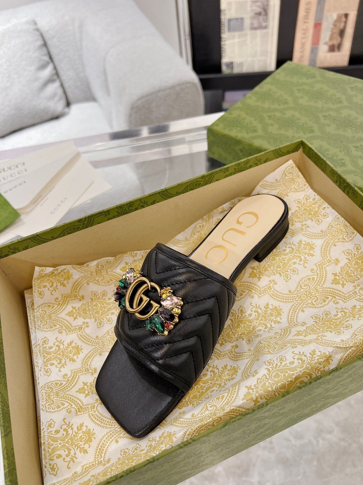 GG SPARKLE CRYSTAL SLIDE SANDAL BLACK CALFSKIN