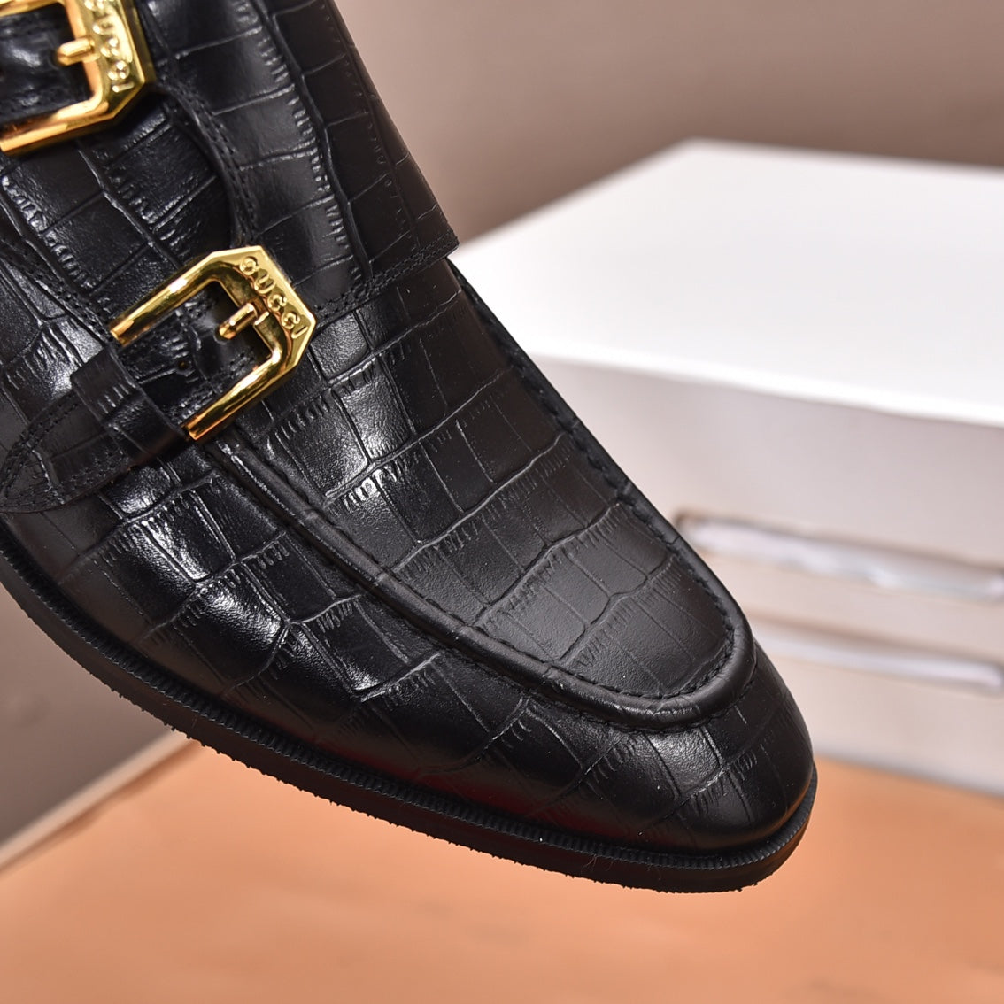 GG Men's Double Monk Strap Loafer Black Embossed Cowhide