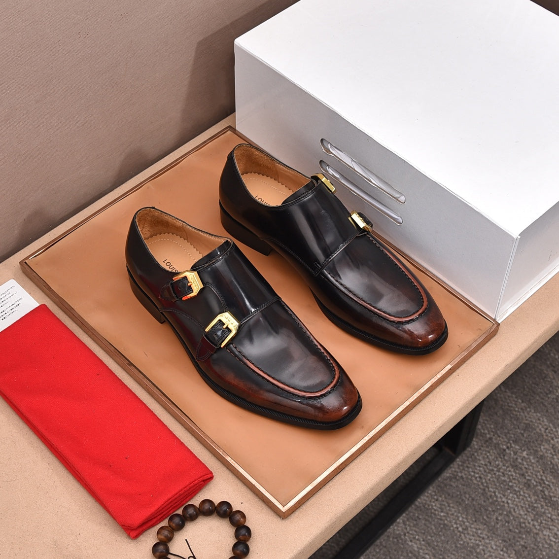 GG Men's Double Monk Strap Loafer Black Brown Cowhide