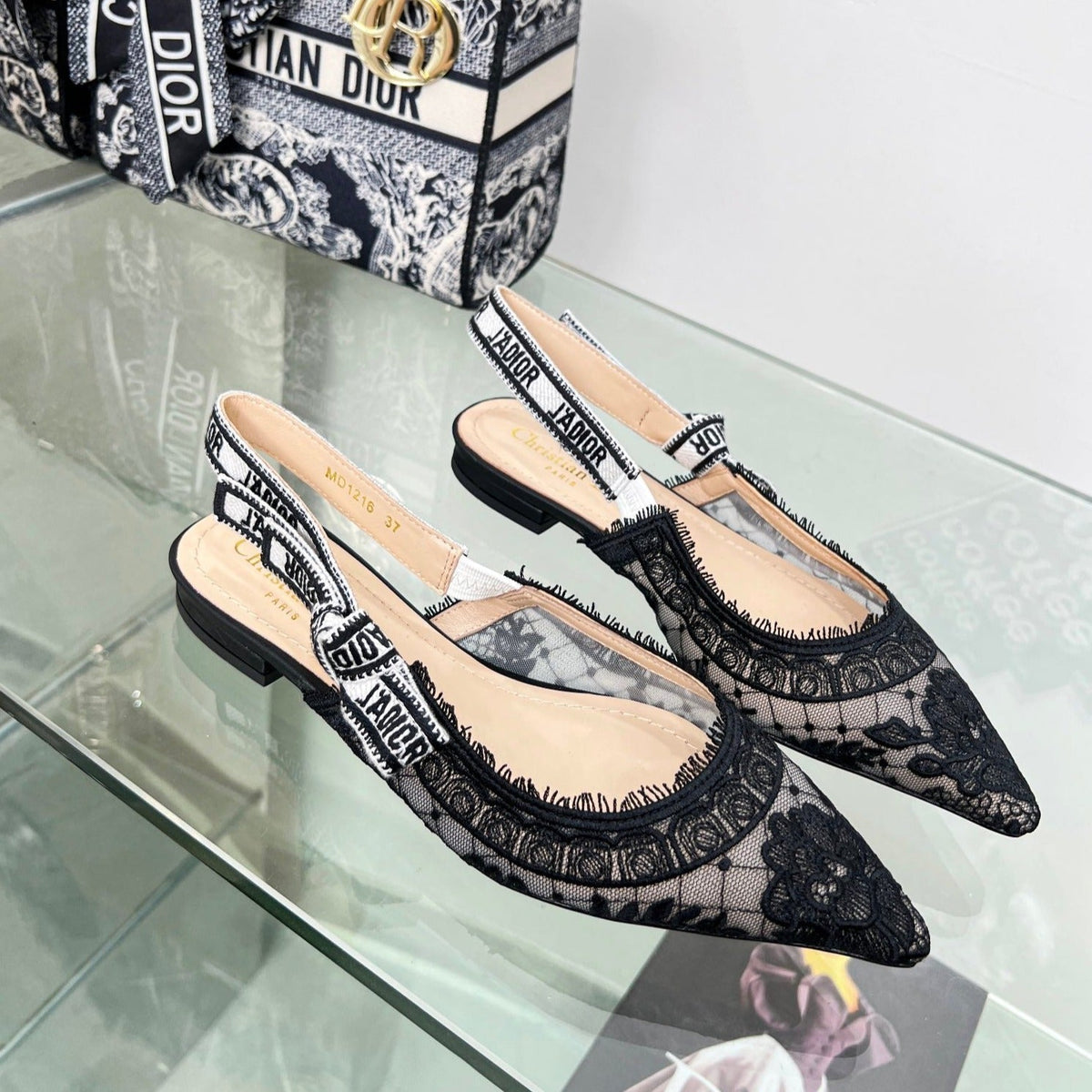 cd slingback flat transparent mesh embroidered black flower moitf