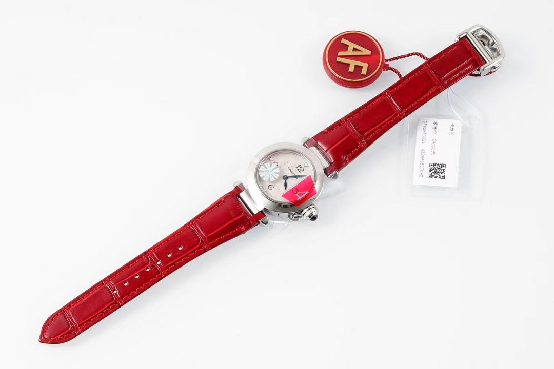 pasha 30mm quartz stainless steel white dial red leather