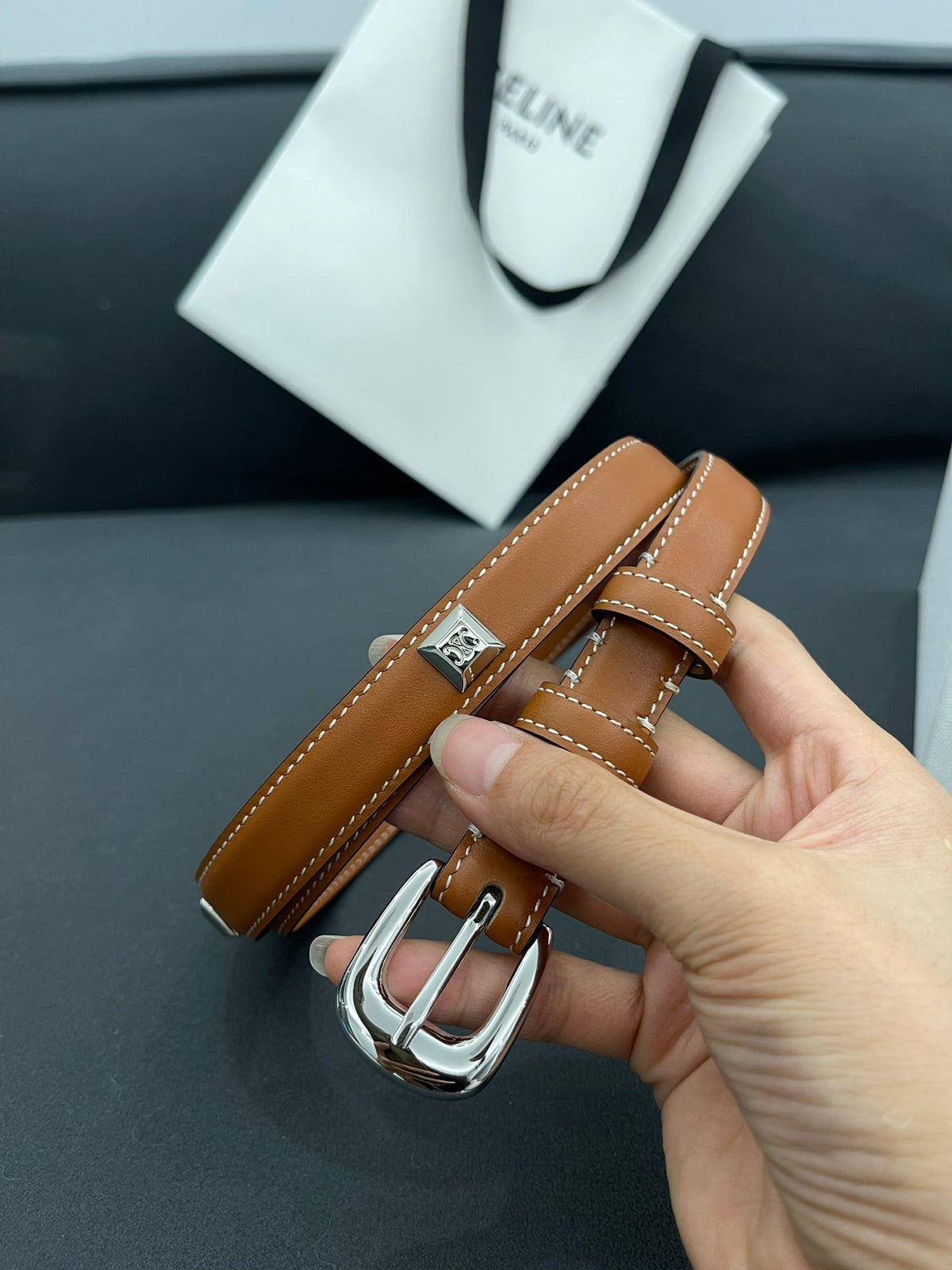 CL SMALL 18 MM TRIOMPHE BELT IN TAURILLON BRONZE BROWN LEATHER SILVER HARDWARE