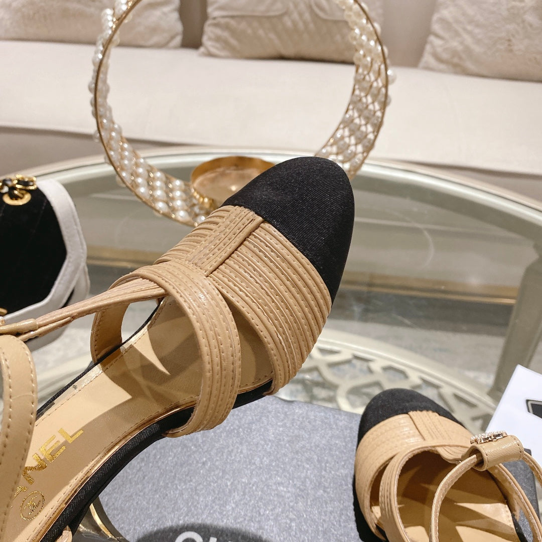 slingback 65 beige calfskin black grosgrain