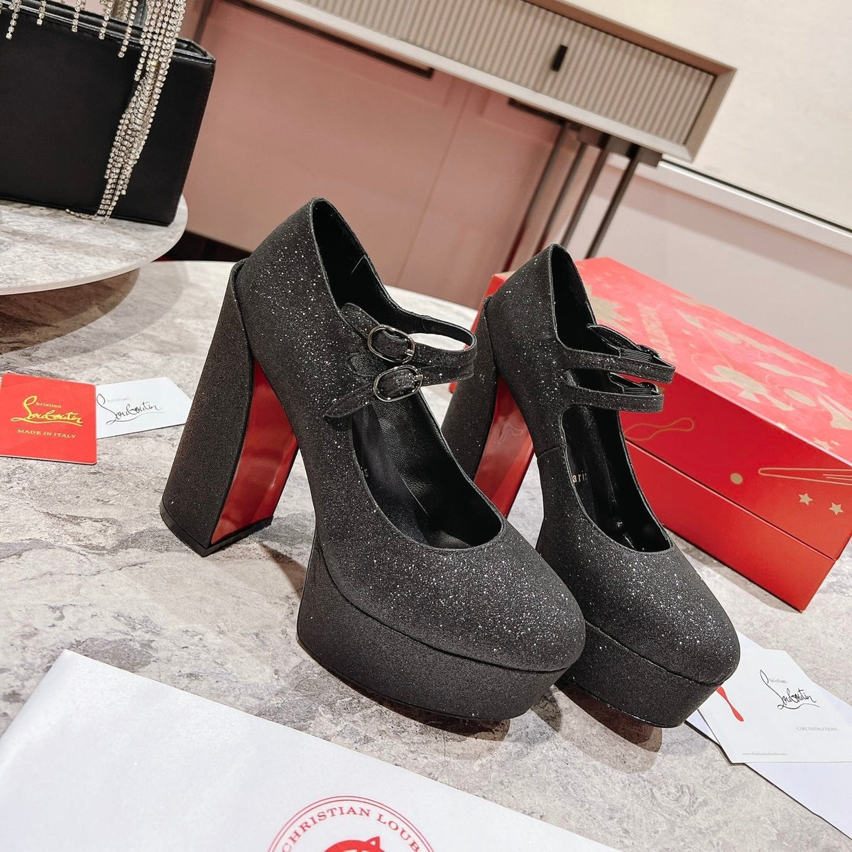 CL Platforms Movida Jane 130 mm Glitter Leather Black
